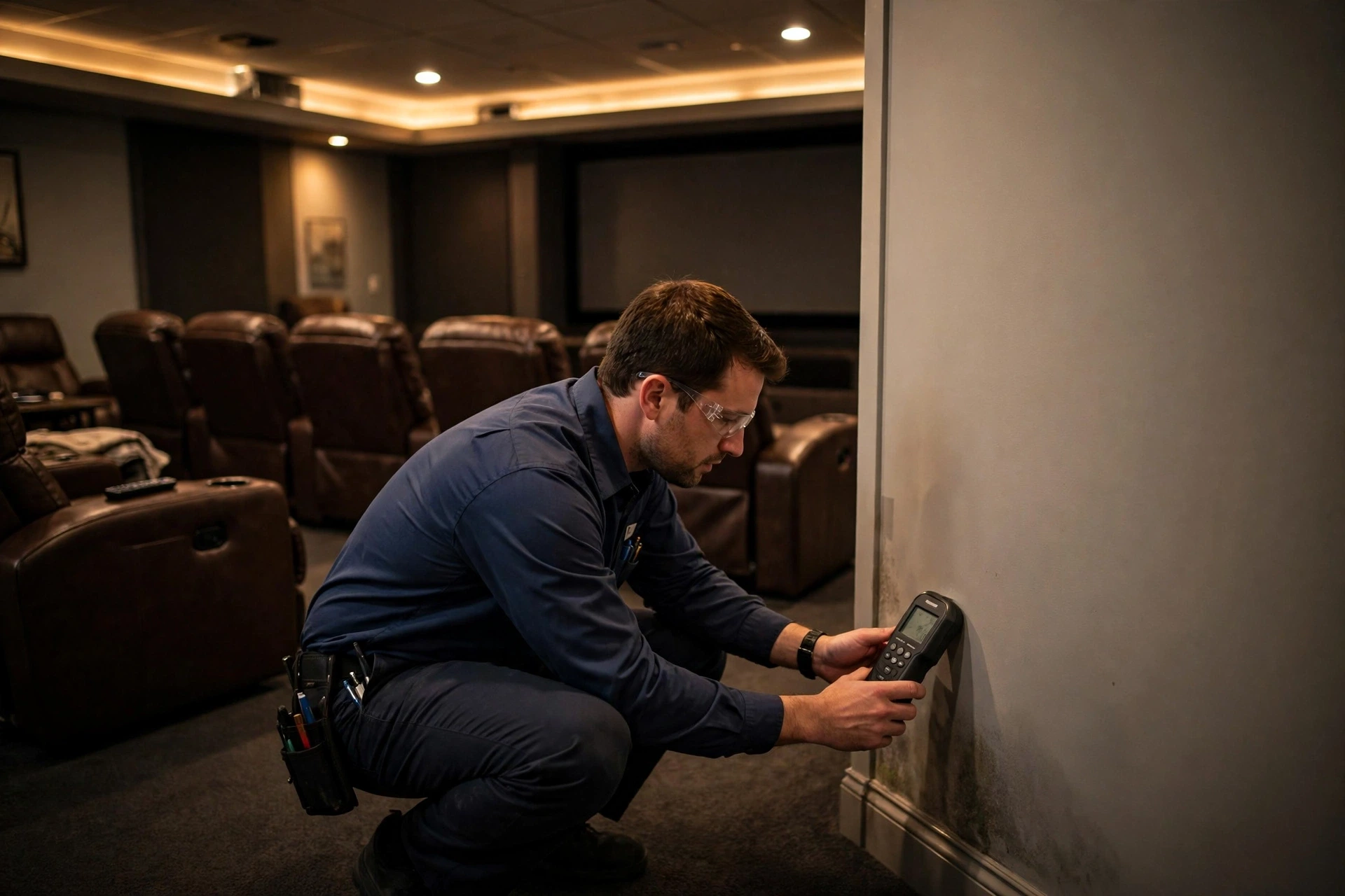 Technician checking a finished basement home theater wall with a moisture meter